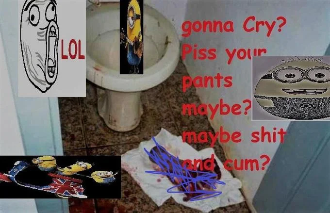 An ironic shitpost-style edit combining minions, rage comics, and a bathroom photo with the meme text written in red.