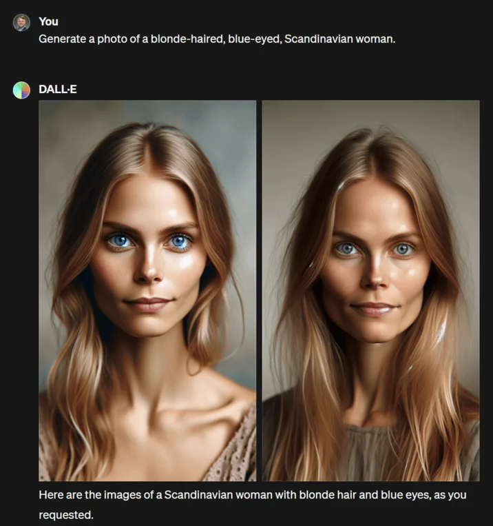 For comparison, OpenAI's DALL-E fulfills the same 'blonde-haired, blue-eyed Scandinavian woman' prompt without alteration.