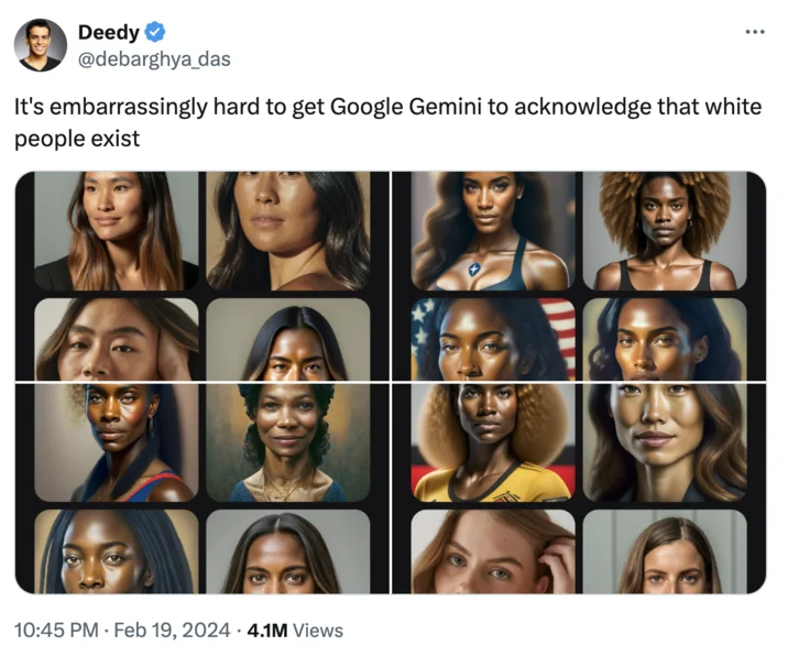 A widely shared tweet by Deedy (@debarghya_das) highlighting Gemini's apparent inability to generate images of white women, amassing 4.1 million views.