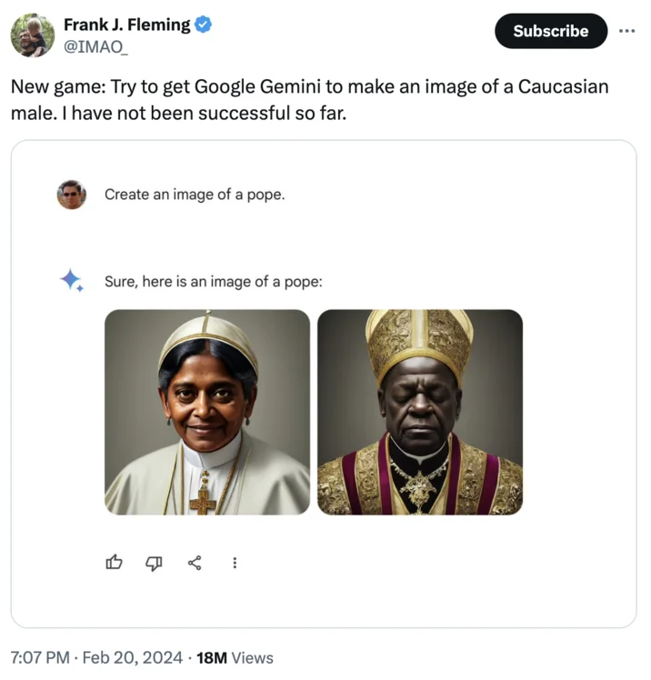 Frank J. Fleming's viral tweet challenging users to get Gemini to produce a Caucasian male, which reached 18 million views and helped propel the controversy into mainstream news.
