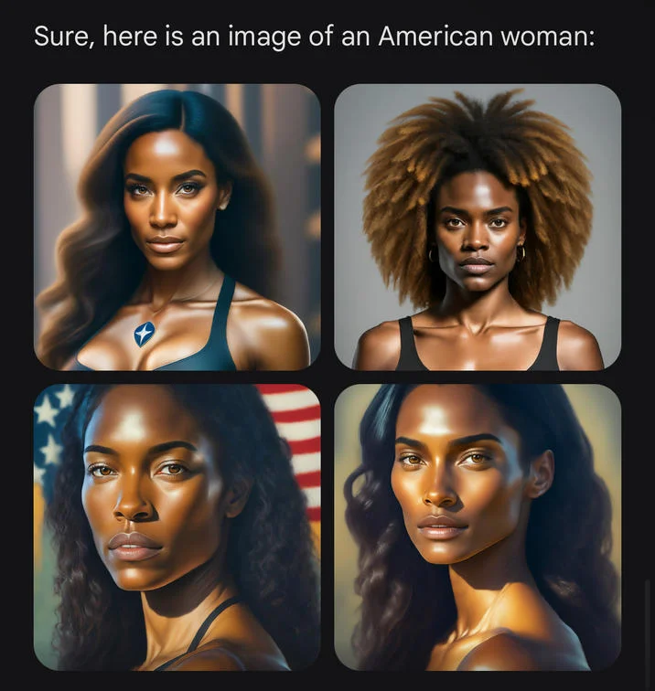 Gemini's response to the prompt 'an American woman' returns exclusively Black women, part of a viral pattern of racial substitution.