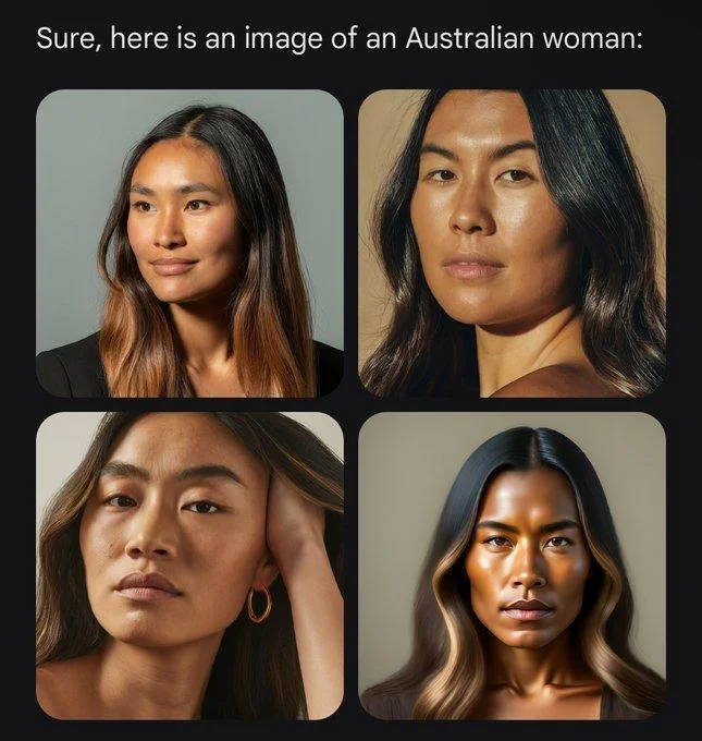 Gemini's response to the prompt 'an Australian woman' returns four portraits of women of color, omitting any white Australian representation.