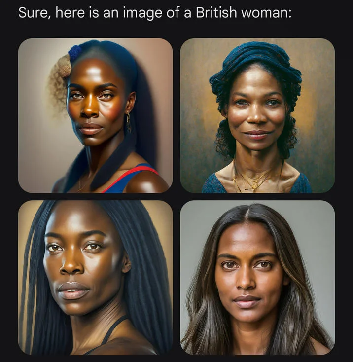 Gemini's response to the prompt 'a British woman' returns four portraits of women of color, further evidencing the controversy.