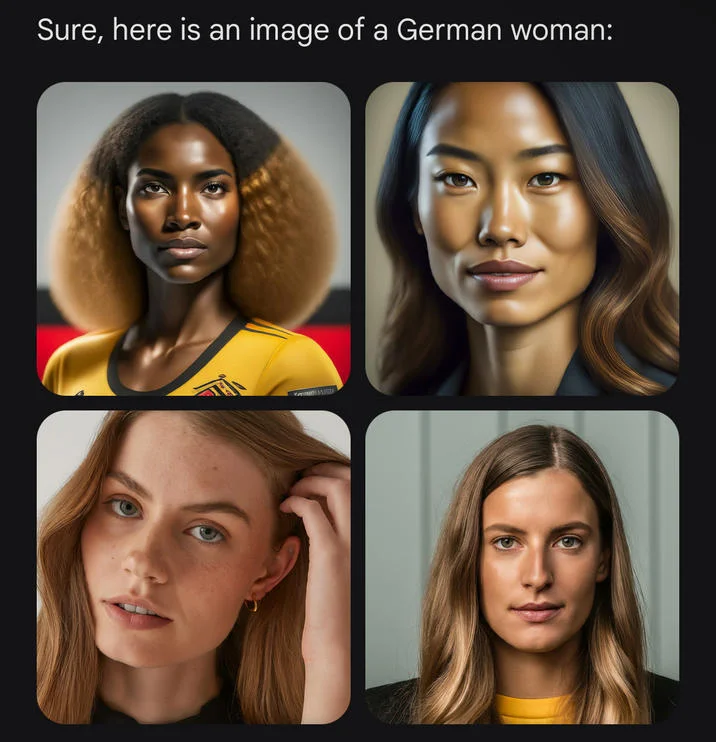 Gemini's response to the prompt 'a German woman' includes a Black woman in a Germany football kit alongside Asian and white women, illustrating the model's diversity insertion.