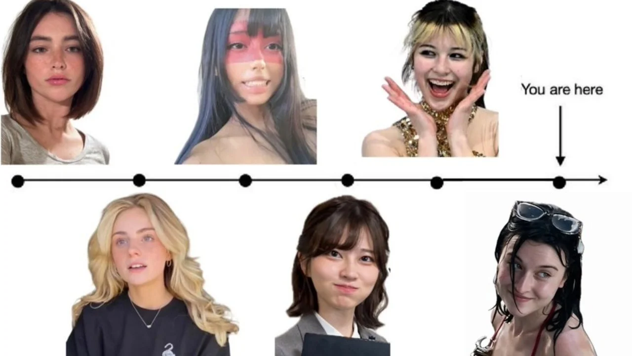 The cover image of the Gooner Timeline meme, which arranges portraits of internet-popular women along a chronological arrow ending at a 'You are here' marker.