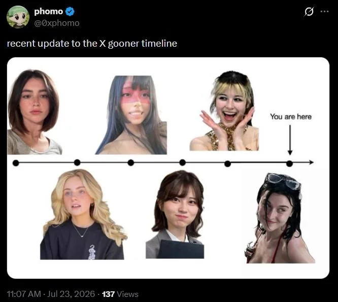 A tweet from @0xphomo sharing a recent update to the Gooner Timeline meme circulating on X.