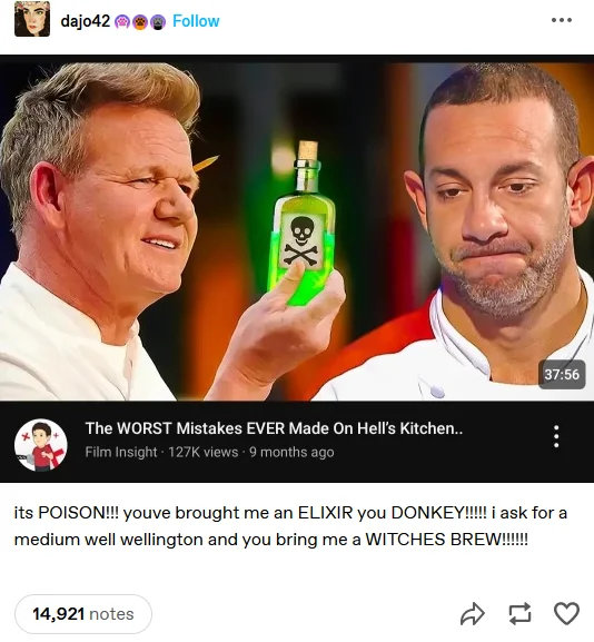 A Tumblr copypasta riffing on Gordon Ramsay's exaggerated insults, mocking a Photoshopped Hell's Kitchen thumbnail with a cartoon poison bottle.
