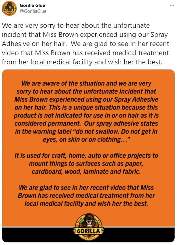 The official Gorilla Glue Twitter response to the incident, clarifying that their spray adhesive is not meant for use on hair or skin.