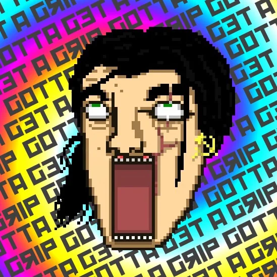 The signature 'Gotta Get a Grip' image showing the wide-eyed pixel character surrounded by the rainbow catchphrase.