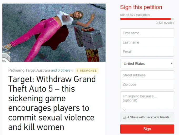A 2014 Change.org petition targeting Australian retailers to withdraw Grand Theft Auto V, part of the ongoing controversy over the game's depictions of violence.