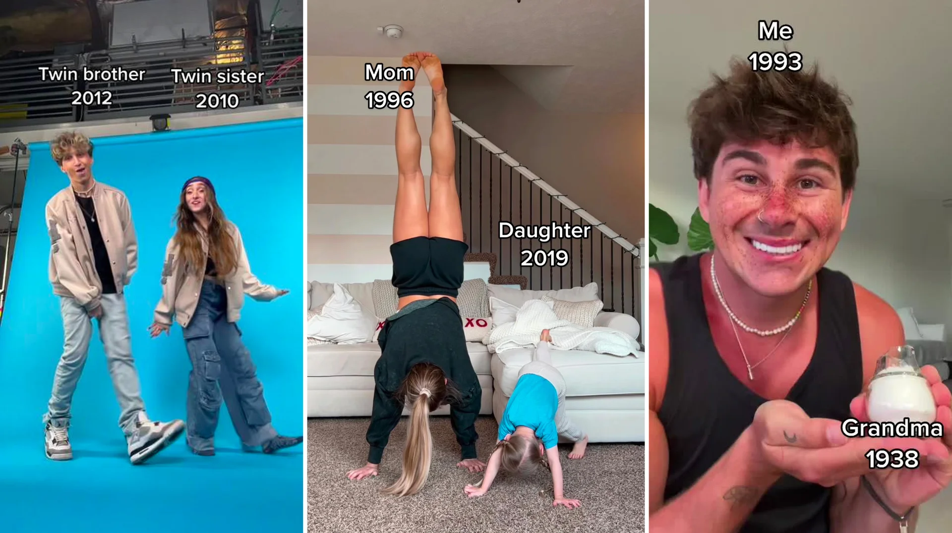 Compilation of TikTok users participating in the 'Green Green Grass' dance trend, showing how the challenge spread across multiple generations of families.