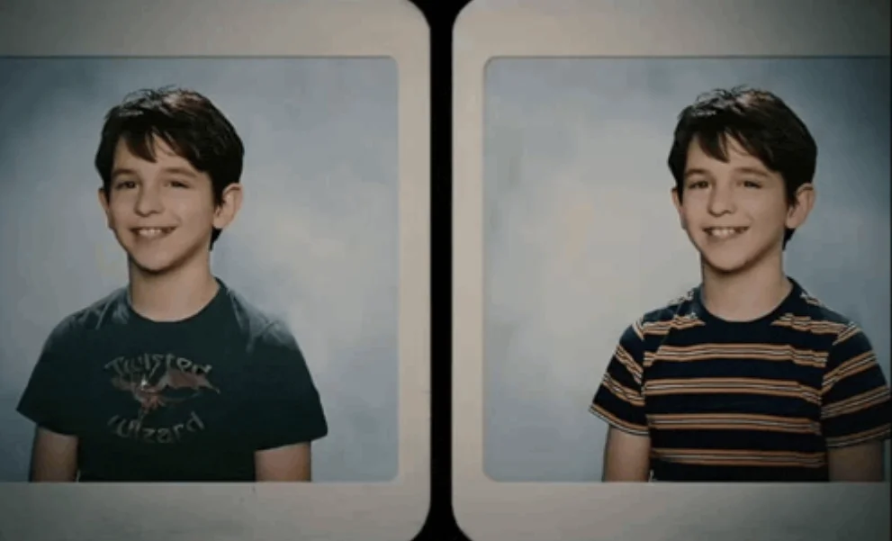 The original side-by-side yearbook photo of Greg Heffley that became the basis for the 'before and after' meme format.