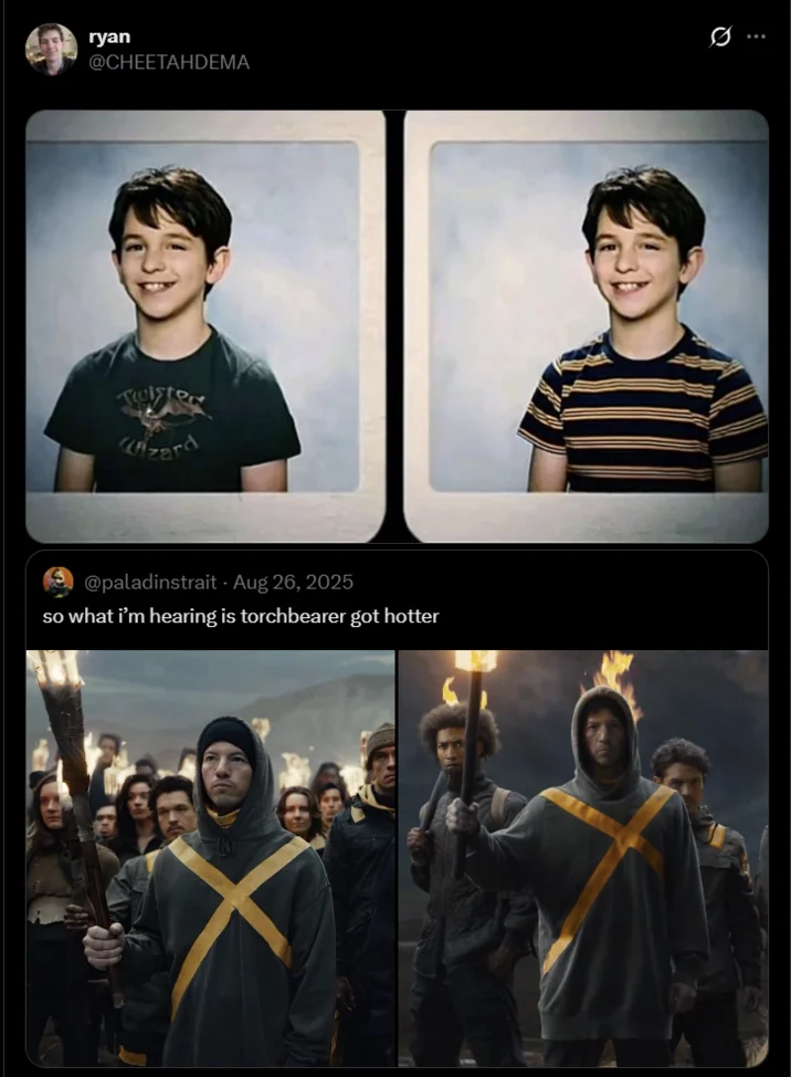A viral tweet by @CHEETAHDEMA using the Greg Heffley yearbook format to joke that 'torchbearer got hotter.'