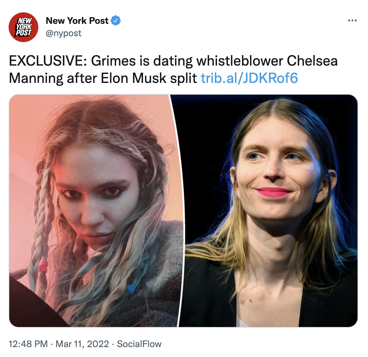 A 2022 New York Post tweet breaking news that Grimes was reportedly dating Chelsea Manning following her split from Elon Musk.