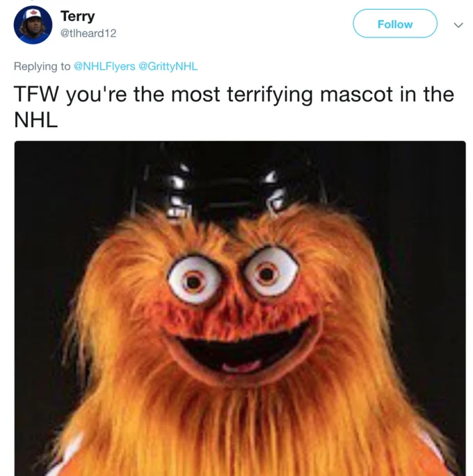 A viral tweet reacting to Gritty's unveiling, calling him the most terrifying mascot in the NHL.