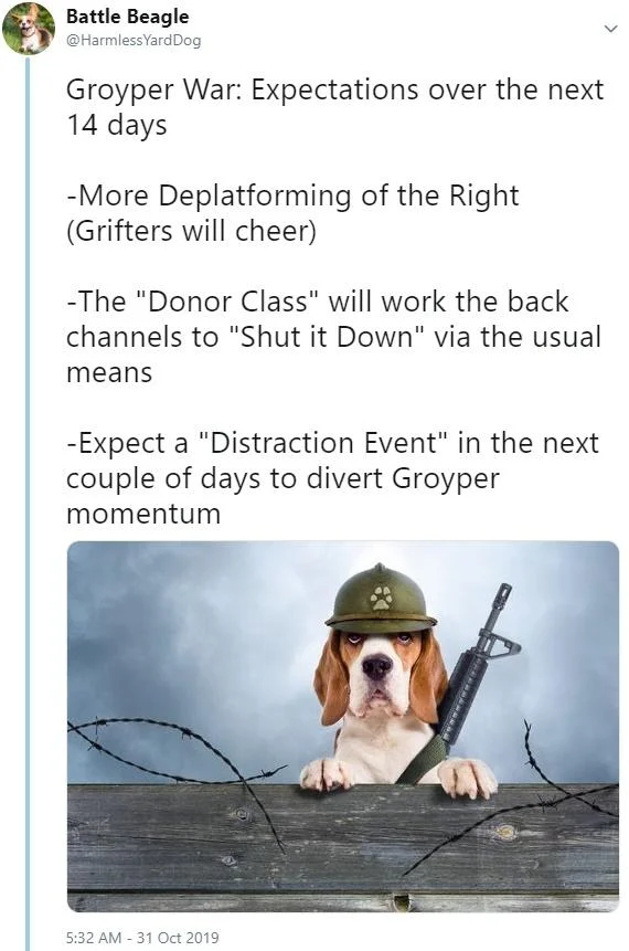 A tweet forecasting the trajectory of the Groyper War, complete with a militarized beagle mascot.