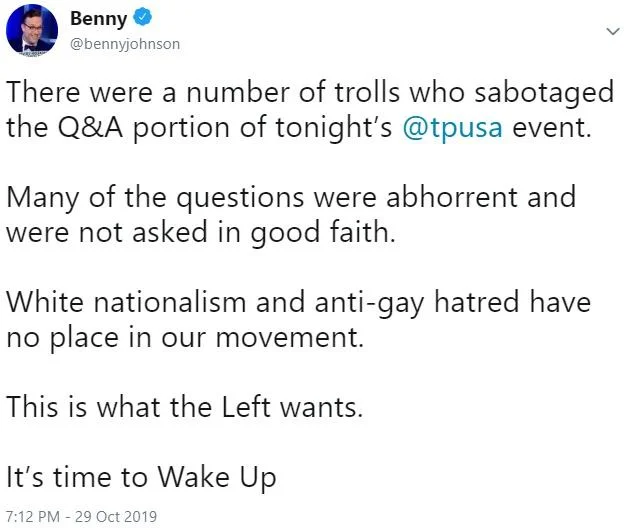 Benny Johnson's October 2019 tweet reacting to Groypers disrupting a Turning Point USA event during the Groyper War.