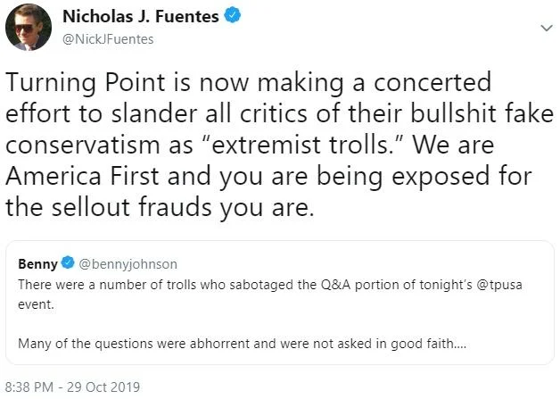 Nick Fuentes' October 2019 tweet firing back at Turning Point USA during the Groyper War.