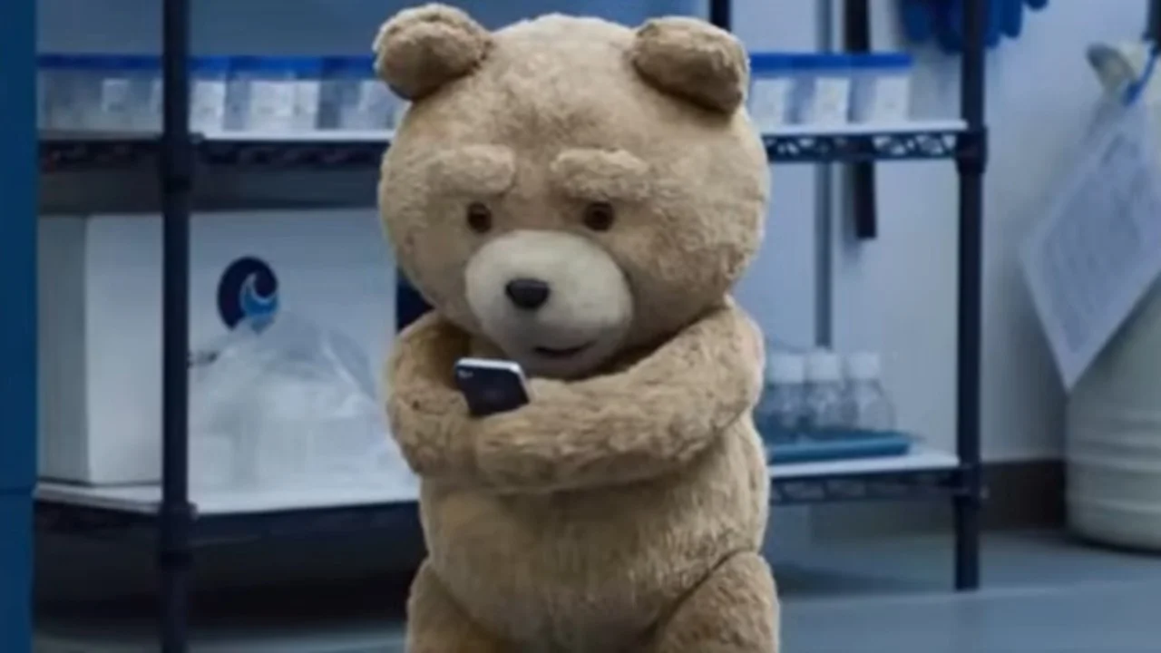 The cover image for the 'Grrr Mondays' meme entry, featuring Ted the teddy bear holding a phone.