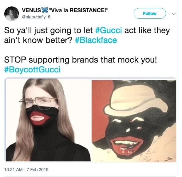 Twitter reactions compared the Gucci jumper directly with historical blackface imagery, fueling calls to boycott the brand.