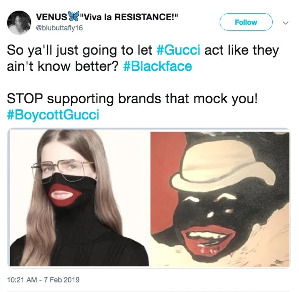 Calls to boycott Gucci spread quickly on Twitter, with users juxtaposing the jumper against historical blackface imagery.