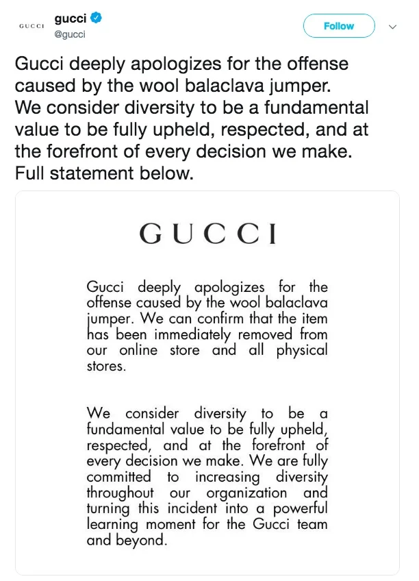 The full-size Gucci apology tweet in which the brand promised to remove the item and commit to greater diversity.