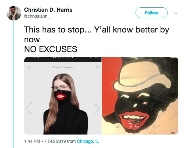 A widely shared tweet placing the Gucci balaclava next to a blackface caricature to argue the resemblance was undeniable.