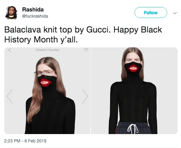 The higher-resolution version of the tweet widely credited with kicking off the viral backlash against Gucci in February 2019.
