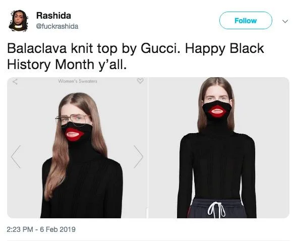 One of the first viral tweets, posted on 6 February 2019, that drew widespread attention to the Gucci balaclava jumper during Black History Month.