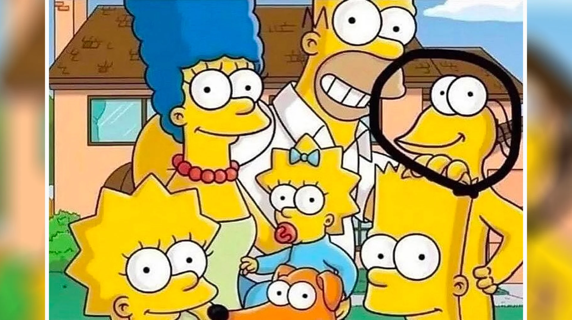 The foundational image for the Gumbly/Graggle Simpson meme, depicting a fabricated extra family member edited into a classic Simpsons promotional image.