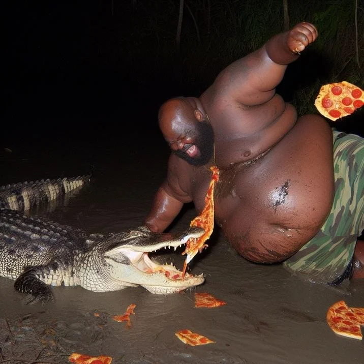 An action-packed Gumbo Slice scene depicting a struggle with an alligator over pizza.