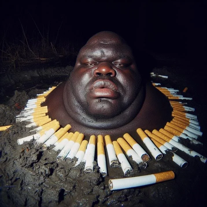 A surreal Gumbo Slice variation with the character surrounded by cigarettes in the swamp.