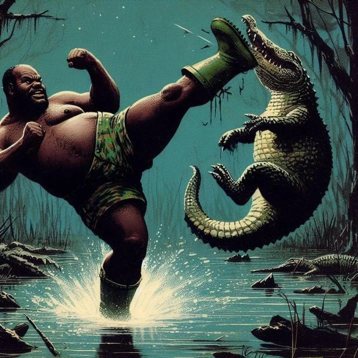 Fan art depicting Gumbo Slice battling an alligator in a retro pulp illustration style.