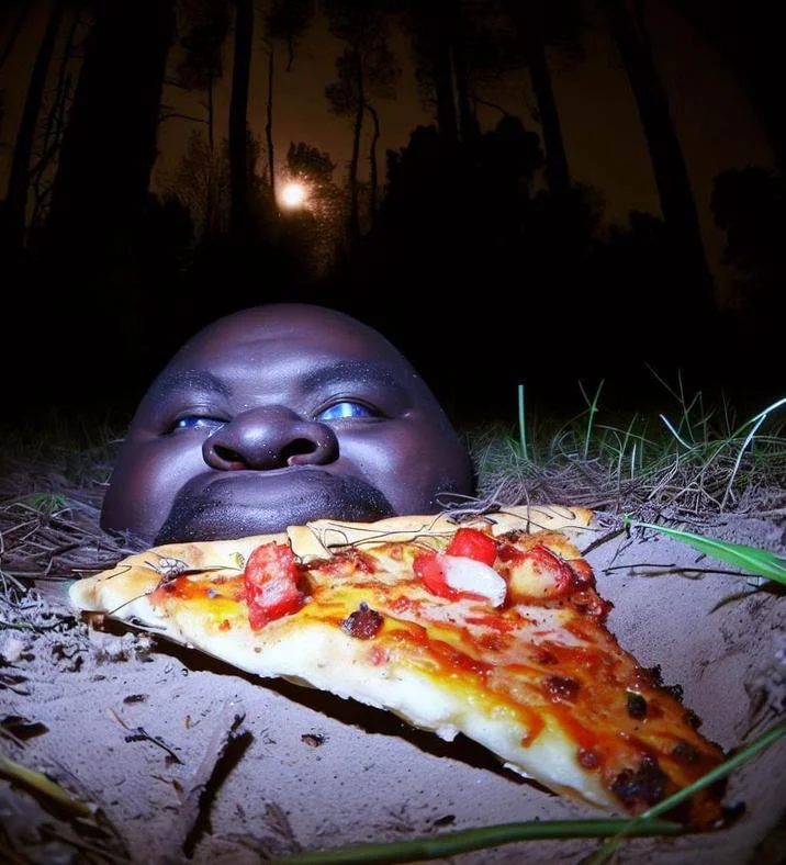 Gumbo Slice meme showing the character stalking pizza like prey in the wilderness.