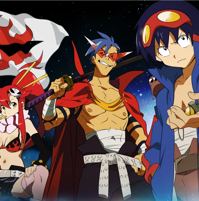 Official Gurren Lagann key art featuring the trio of Yoko, Kamina, and Simon.