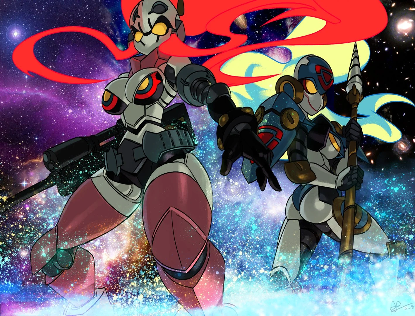 Cosmic fan art depicting stylized armored versions of Gurren Lagann's heroines.