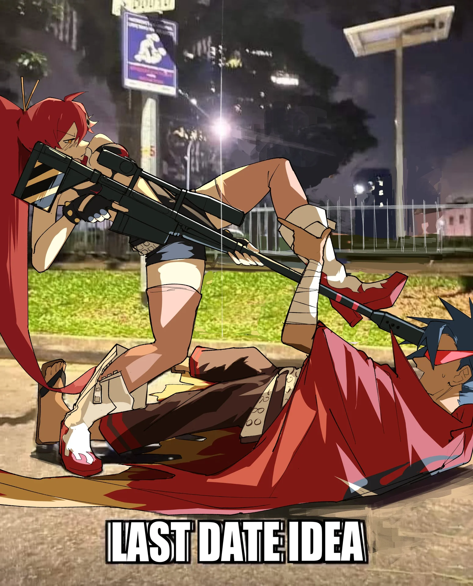 Meme image of Yoko aiming her rifle at Simon captioned 'Last date idea'.