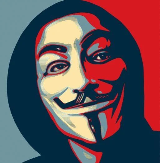 A pop-art illustration of the Guy Fawkes mask rendered in the style of Shepard Fairey's iconic 'Hope' poster.