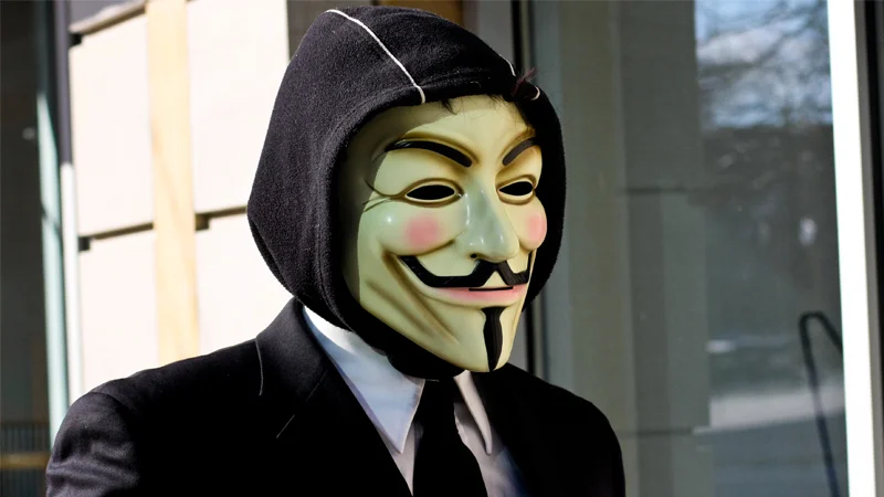 The stylized Guy Fawkes mask from V for Vendetta, widely adopted as a symbol of anonymous protest.