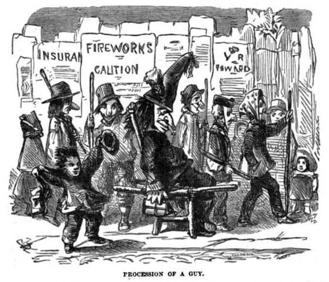 A Victorian-era illustration depicting the traditional British Guy Fawkes Day procession, the historical origin of the mask's iconography.