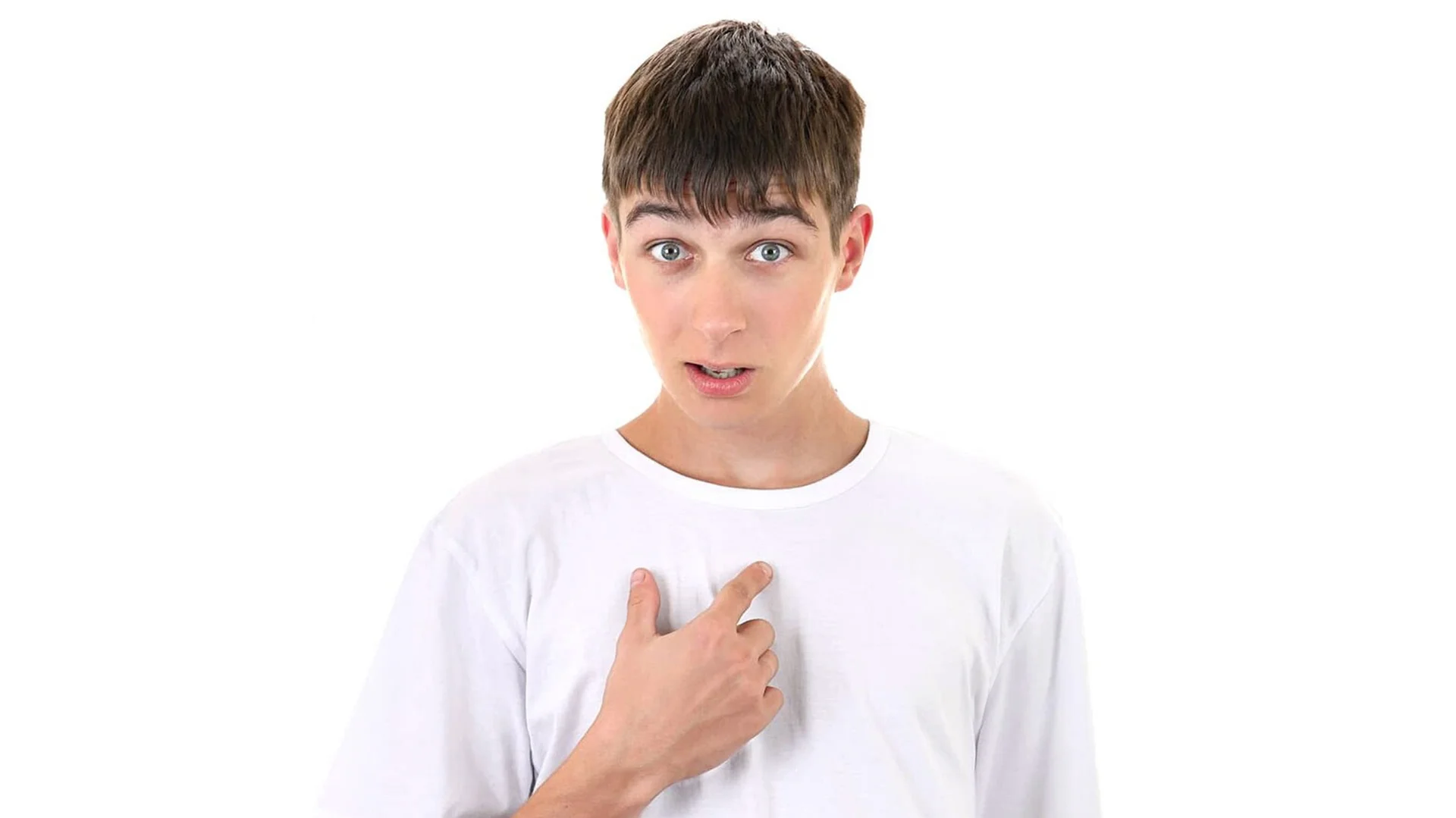 The original stock photo of the young man pointing at himself that became the basis of the meme.