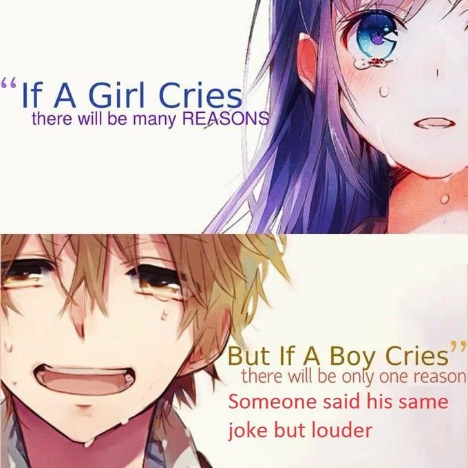 An anime-styled iteration of the meme framing joke-theft as a uniquely devastating experience for boys.