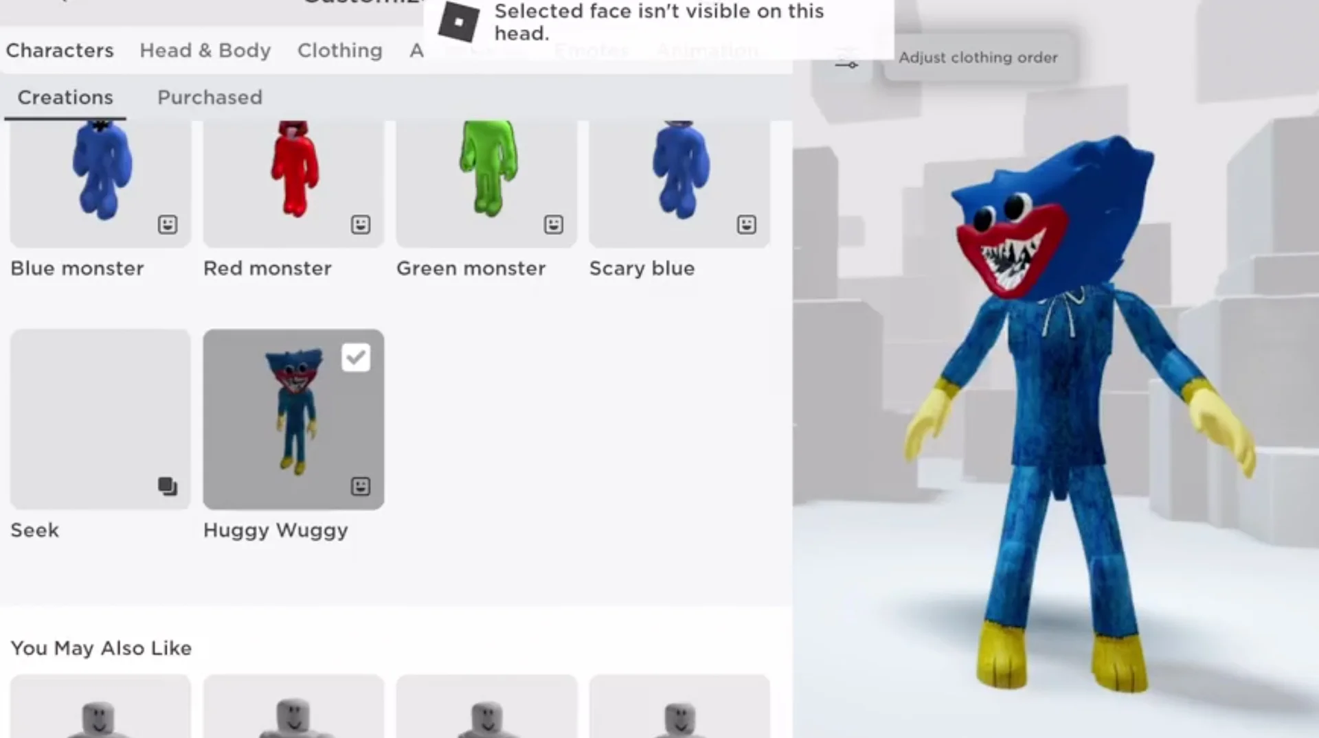 A Roblox character customization interface featuring the monster avatars referenced in the 'guys what one is your favorite' meme, including Huggy Wuggy, Seek, and Scary Blue.