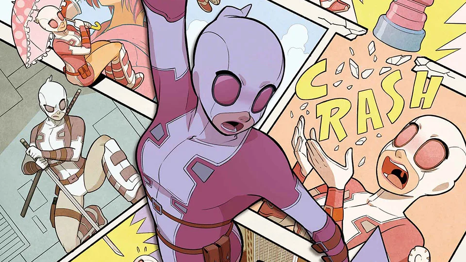 Gwenpool in a montage of comic panels showcasing her signature costume and action-packed adventures.
