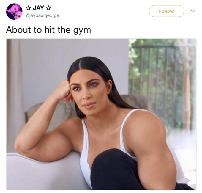 An early viral tweet from @jaypaulgeorge captioned 'About to hit the gym', widely credited with helping the Gym Kardashian meme take off on Twitter.