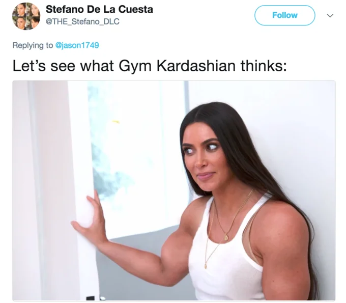A reaction tweet using the Gym Kardashian image as a punchline to a challenge to fight.