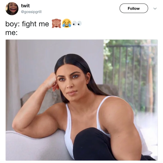 A viral tweet using multiple Gym Kardashian edits to joke about the strength required to carry all the groceries in one trip.