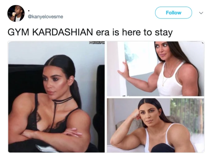 A tweet coining the 'Gym Kardashian' nickname, using a photoshop of Kim Kardashian with an oversized muscular arm.