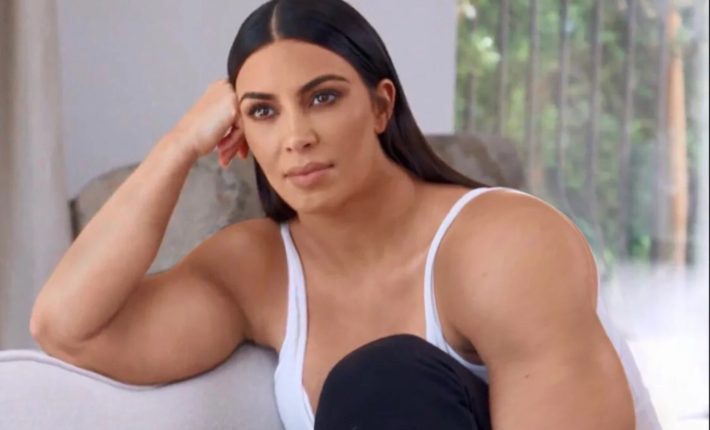 The original 'Gym Kardashian' photoshopped image of Kim Kardashian given exaggerated bodybuilder muscles, which became the basis for the viral meme.
