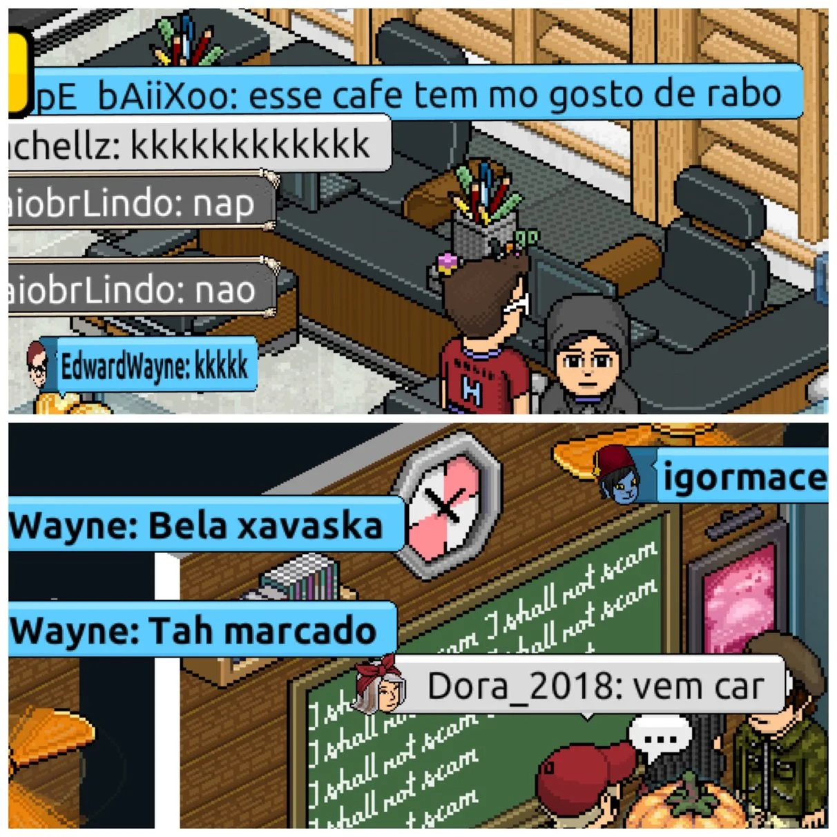 Habbo: typical multiplayer chat-centric gameplay.